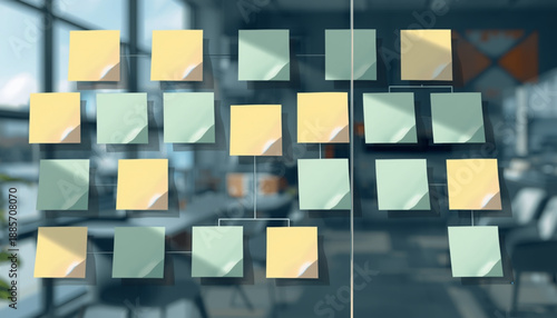 Colorful sticky notes on a glass wall in a modern office setting with blurred background