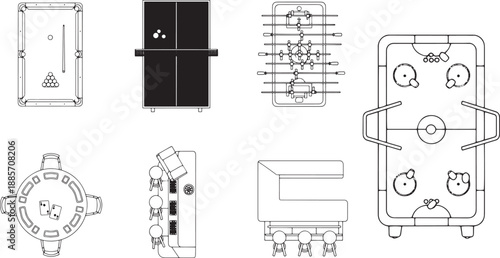 Elevated view of various game tables showcased in a clean, minimalist illustration, inviting viewers to explore the fun world.