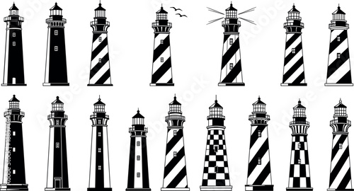 Lighthouse silhouette illustration set featuring coastal navigation towers with striped patterns, classic maritime beacons, and seaside landmark designs in black vector style