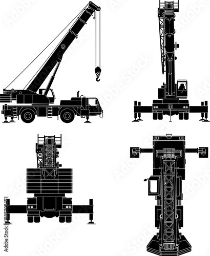 Views: Orthographic Projections Showing Side, Front, Rear, and Top Views of Heavy Construction Machinery for Industrial and Engineering Design Templates