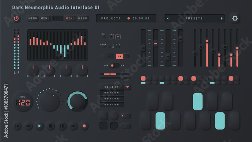 Dark Neumorphic Audio Interface UI – DTM & DAW Plugin Style Vector