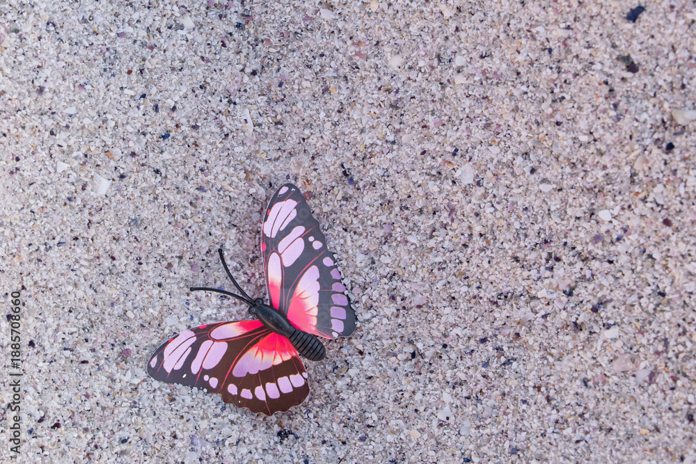 Naklejka premium Butterfly Resting on Sand Symbolizing Transformation, Hope, and New Beginnings