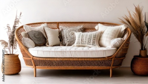 Bohemian Rattan Sofa with Cushions and Pampas Grass Decor.