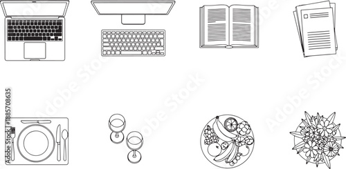 Overhead perspective: The monochrome office and dining space, features a laptop, a desktop setup, an open book, sheets of paper, a dining set, wine glasses, a fruit plate, and an ornament.