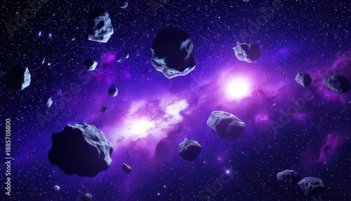 Asteroid Field in Deep Space with Nebula and Distant Star.