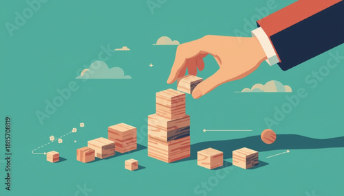 A hand in a suit building a tower with wooden blocks on a green background with clouds