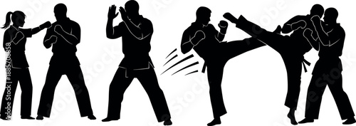 Martial arts combat silhouette set featuring karate and taekwondo fighters performing punches kicks sparring training poses isolated on white background