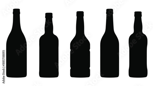 A row of black wine bottles displayed against a white background silhouette
