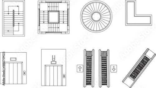 Architectural diagrams reveal diverse staircases and elevator layouts, showcasing design variations.