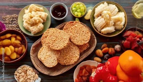 Assortment of Snacks and Appetizers on a Wooden Table.
