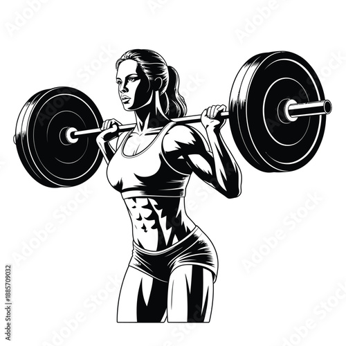 Female athlete performing a barbell squat in a black and white illustration