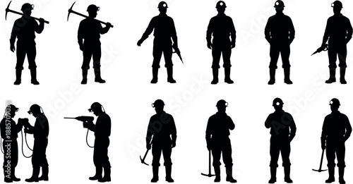 Miner worker silhouettes set with helmet tools and equipment isolated on white background representing mining industry labor safety teamwork illustration