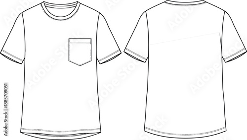 Men t shirt technical flat sketch front and back view with chest pocket, apparel fashion design template isolated on white background vector