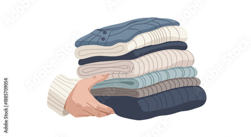 This clean illustration displays a hand gently holding a tidy stack of neatly folded clothes in varying shades of blue and white, suggesting fresh laundry or organized apparel.
