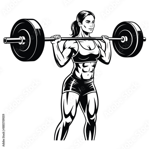 A strong woman performing a barbell squat in a fitness illustration