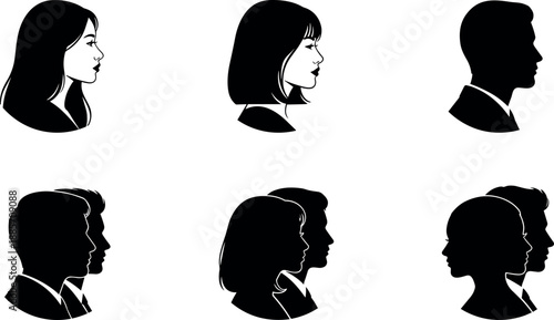 Minimalist black profile silhouette set of male and female faces, diverse human side view portraits, flat vector icons isolated on white