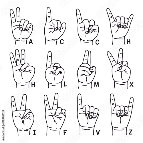 Illustrations Of American Sign Language Hand Gestures Depicting Letters