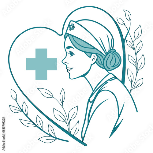 Nurse surrounded by leaves and a heart with a cross symbolizing care and compassion