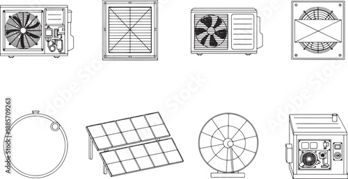A compilation of diverse industrial equipment, meticulously captured in a collection of high-resolution graphic designs, each element symbolizes innovation and efficiency. 