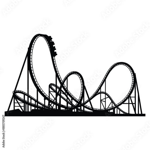 A black silhouette of a thrilling rollercoaster with looping tracks