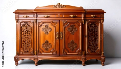Antique Wooden Sideboard with Ornate Carvings and Drawers.