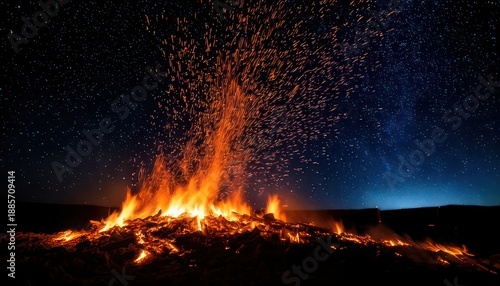 Blazing Bonfire Under a Starry Night Sky - A Fiery Spectacle.