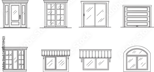 A collection of architectural elements showcased in this black and white line art, highlighting a variety of doors and windows, each with unique designs and aesthetics.