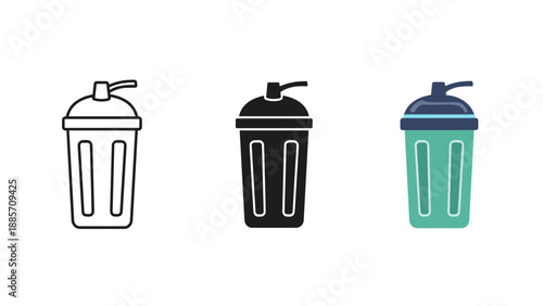 Three colorful shaker bottles in white black and green for fitness and nutrition