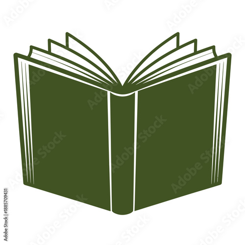 An open book with dark green pages and a sturdy binding