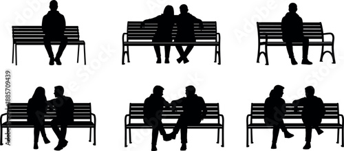 People sitting on park bench silhouettes set showing couples and individuals relaxing, social interaction scenes isolated on white background illustration vector artwork