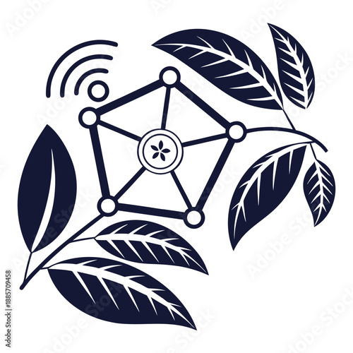 Molecular Structure Illustration with Leaves and Wireless Connectivity Symbol