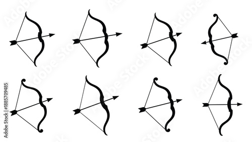 Multiple bows and arrows displayed in a black silhouette