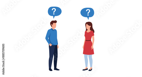 This simple illustration portrays a man and a woman standing, each with a blue question mark appearing in a thought bubble above their heads, symbolizing confusion or inquiry.