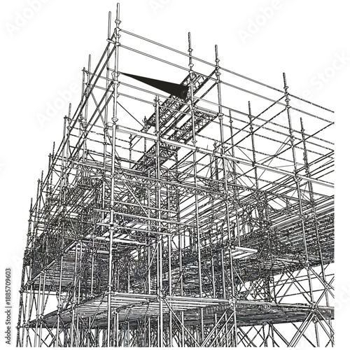 Detailed sketch of scaffolding structure with architectural elements and shadows