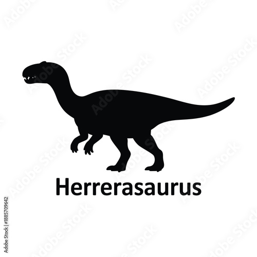 Silhouette of a herrerassaurus dinosaur with labeled species name below