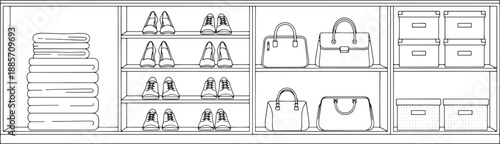 Organized shelves showcasing an assortment of fashion accessories, including neatly stacked towels, stylish shoes, and chic handbags, suggesting order and elegance.