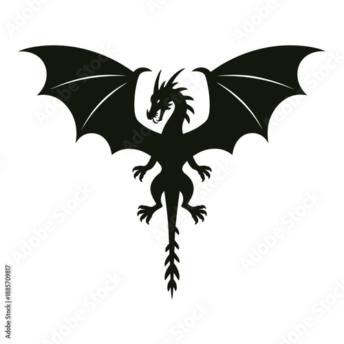 A striking silhouette of a black dragon with outstretched wings displayed