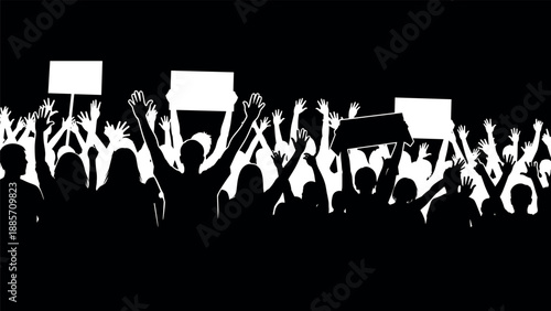 Protest crowd silhouette with raised hands and blank placards against dark background representing demonstration activism public movement freedom speech and social protest concept
