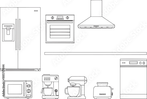 Collection of various kitchen appliances shown in a clean line drawing style, including a refrigerator, oven, range hood, microwave, coffee maker, stand mixer, toaster, and dishwasher.