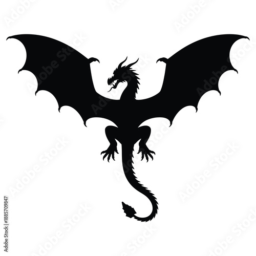 A striking silhouette of a winged dragon in a dark bold style