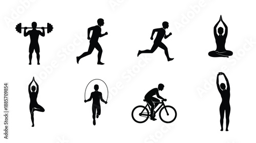Various athletic figures depicted in a minimalist black silhouette