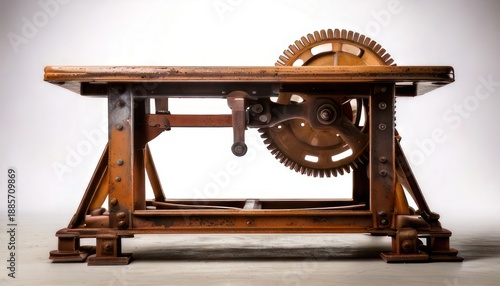 Antique wooden table saw with gears and intricate mechanism.