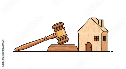 This clear illustration combines a judge's gavel and a small wooden house, effectively symbolizing real estate law, property disputes, or legal aspects of homeownership.