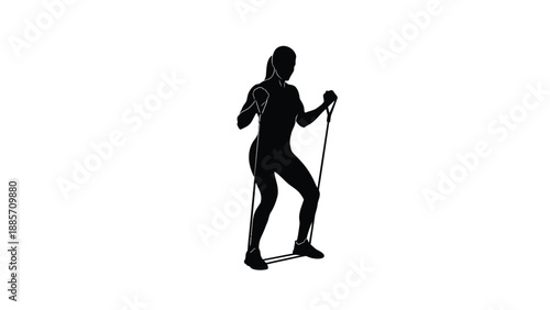 Black silhouette of a woman nordic walking with poles with Fitness and Exercise on white background