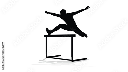 A silhouette of a person jumping over a hurdle with arms outstretched with athletics on white background