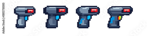 Pixel art futuristic laser gun icons with variations in color and design