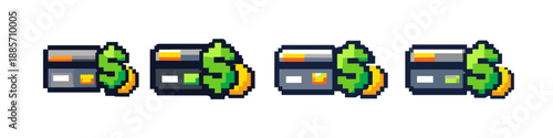 Pixel art credit card with dollar sign and coins, representing financial transactions and digital payments