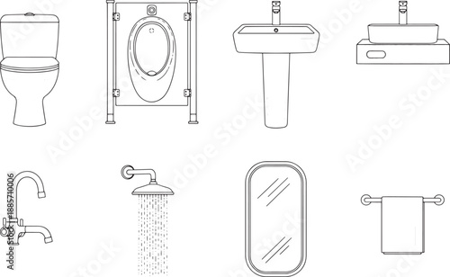 Clean and minimalist design presents a collection of essential bathroom fixtures. perfect for illustrating home improvement projects.