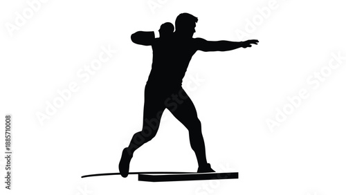 A black silhouette illustration of a male athlete competing in the shot put event on white background