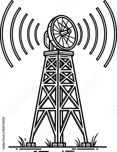 Radio communication transmission tower silhouette illustration representing wireless signal broadcasting telecommunications infrastructure technology network connectivity isolated on white background